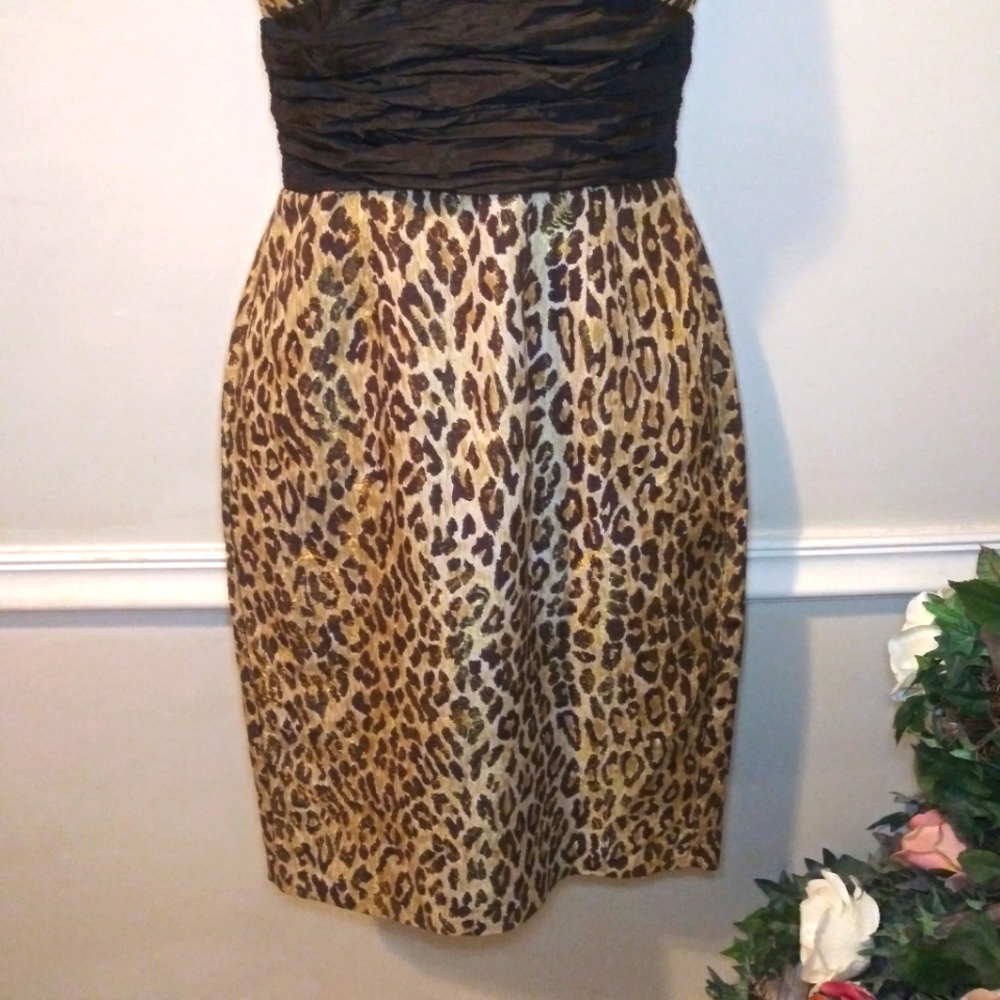 Vintage 90's Nicole Bakti Sexy Leopard Print Silk Brocade Cocktail Dress - Picture 3 of 12